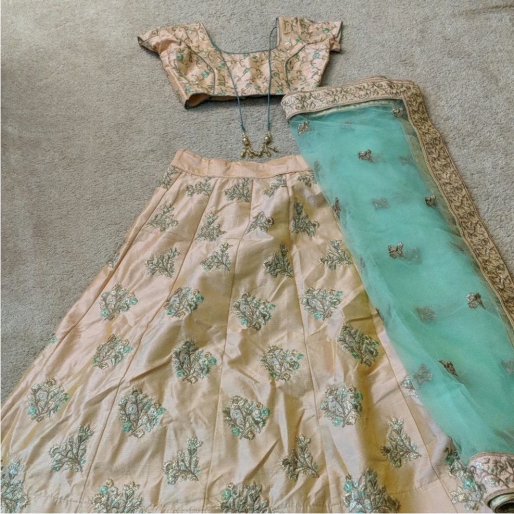 Elegant Floral Embroidered Lehenga in Cream and Green